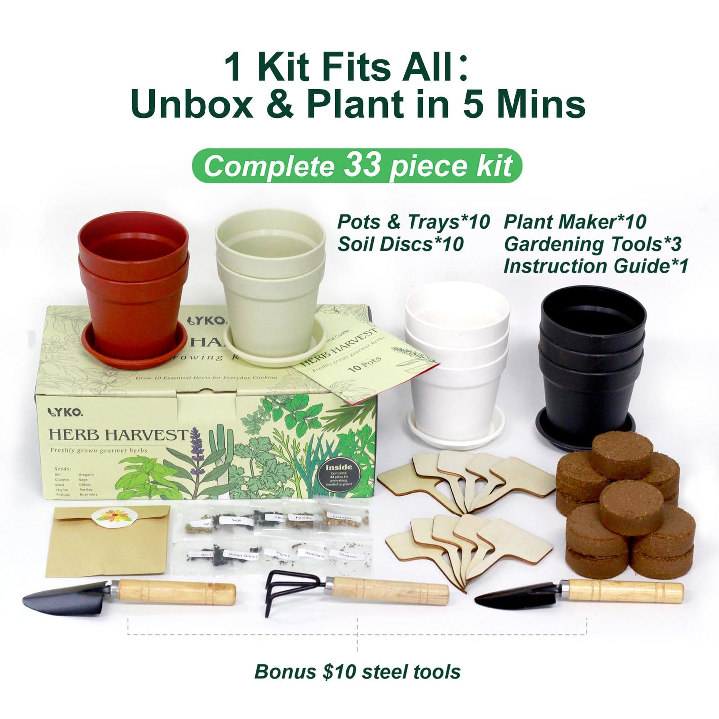 10 Indoor Herb Garden Kit, 33pcs Complete Kitchen Herb Starter Set Including 4-Color Pots, Soil & Tools, Unique Gift Ideas for Plant Lovers, Women, Men, Mom, Friend, Birthday, Housewarming, Christmas