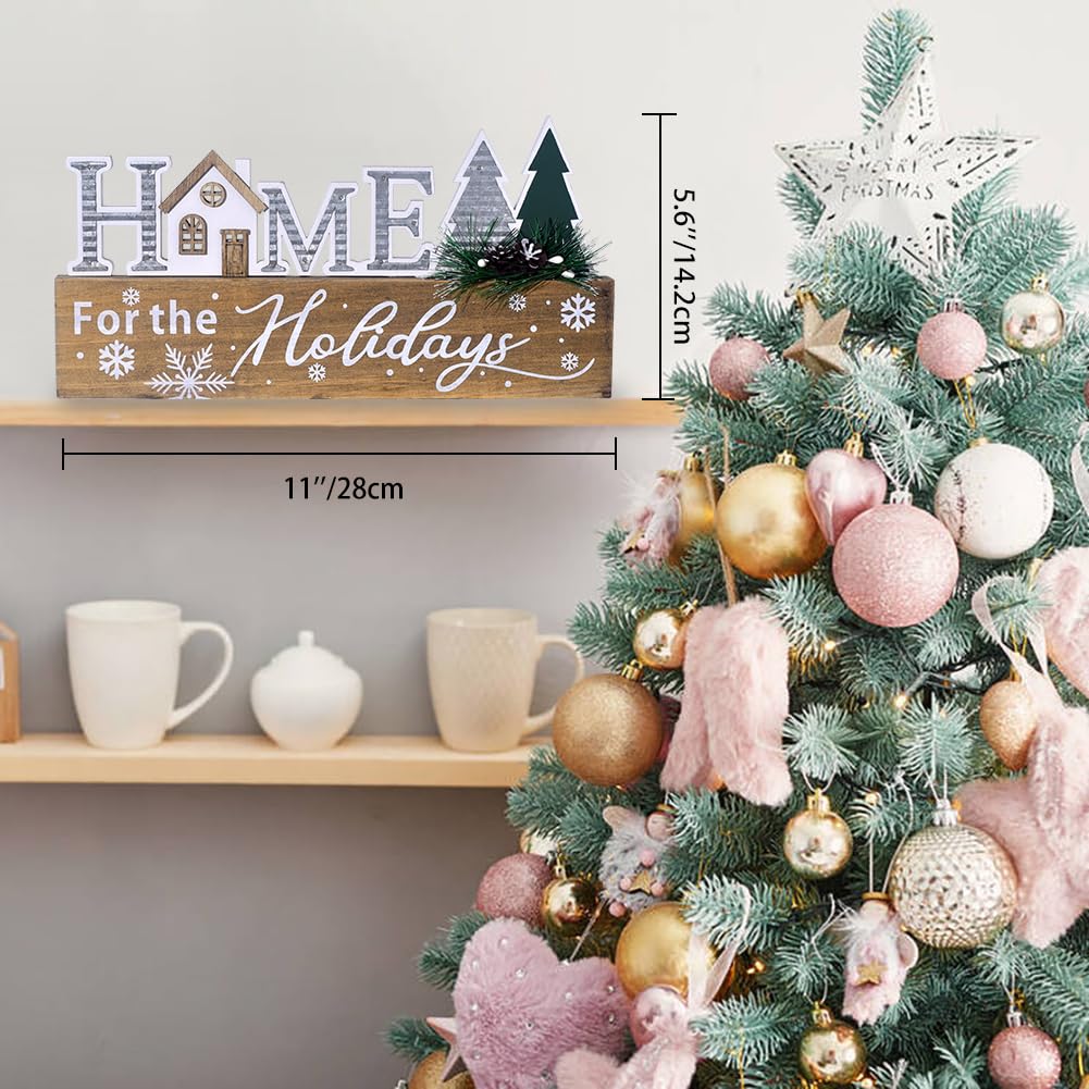 Wooden Christmas Sign Blocks, HOME for the Holiday Quote Table Decor, Xmas Centerpiece Block Sign with Snowflake & Pine Tree, Office Desk Mantle Decoration (BROWN)