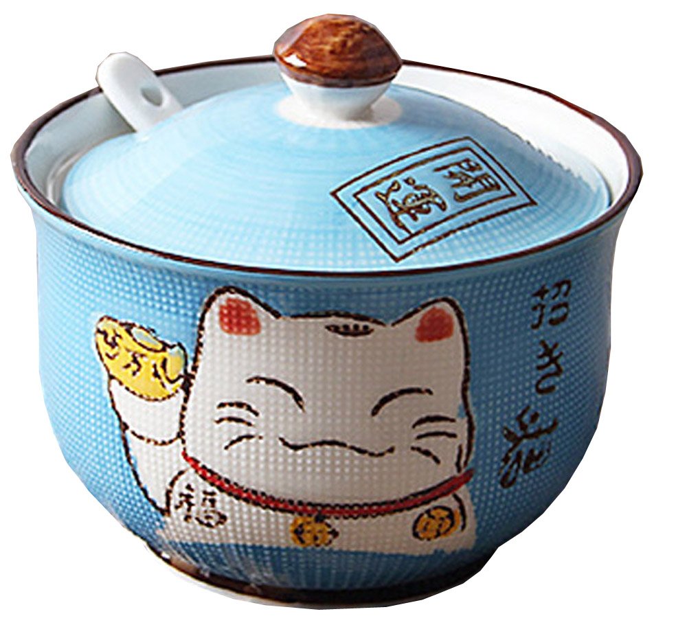 Ceramics Japanese Maneki Neko Lucky Cat Sugar Salt Pepper Storage Jar with Lid And Spoon