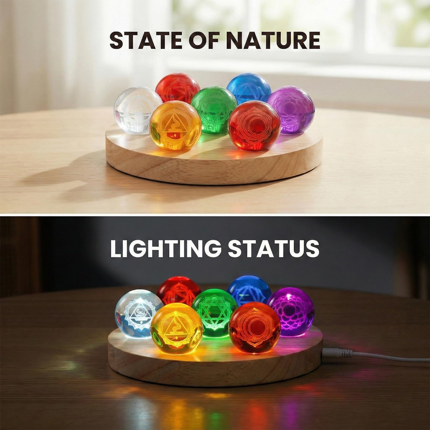 Hivexagon 7 40mm Chakra Crystal Ball Equipped with LED Wooden Base Come with Dimmer and Timer Cable for Meditation, Feng Shui Divination, Night Light Decorative, Gift (16X16X2cm)