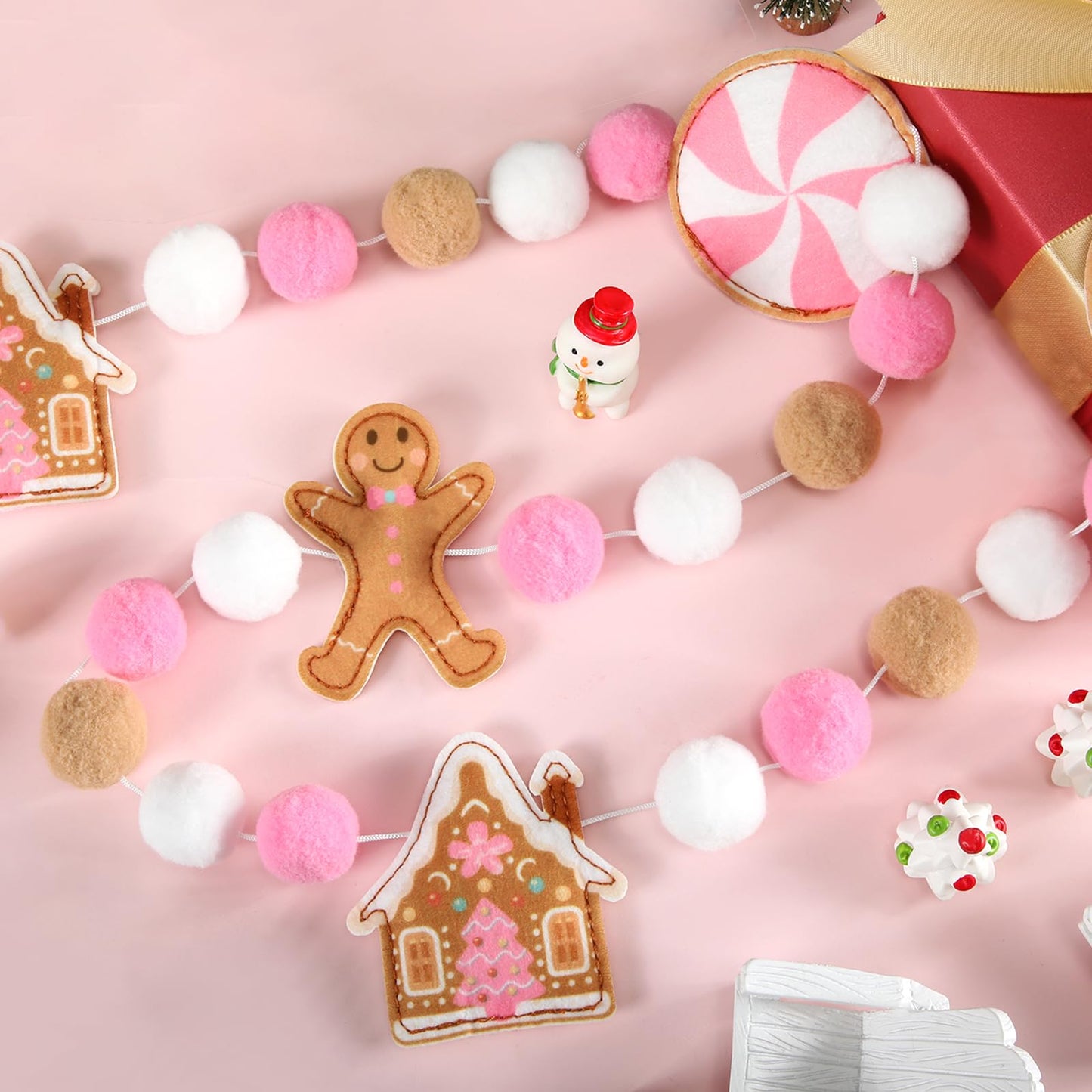HunnmingRe 4th of July Garland 10 ft Ice Cream Pink White Brown Banner Wooden Patriotic Hanging Decoration for Independence Day Summer Home Mantel Wall Party Supplies(Gingerbread Style)