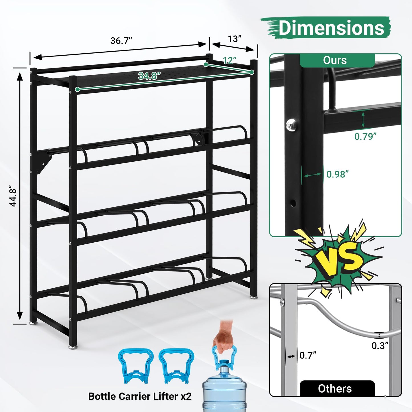 Eastrexon 5 Gallon Water Jug Holder Heavy Duty，4-Tier Water Jug Rack w/Top Shelf, Wall Mount Water Bottle Holder for 9 Bottles, Powder Coated Water Rack Stand for Home, Office, Restaurant, Gym.