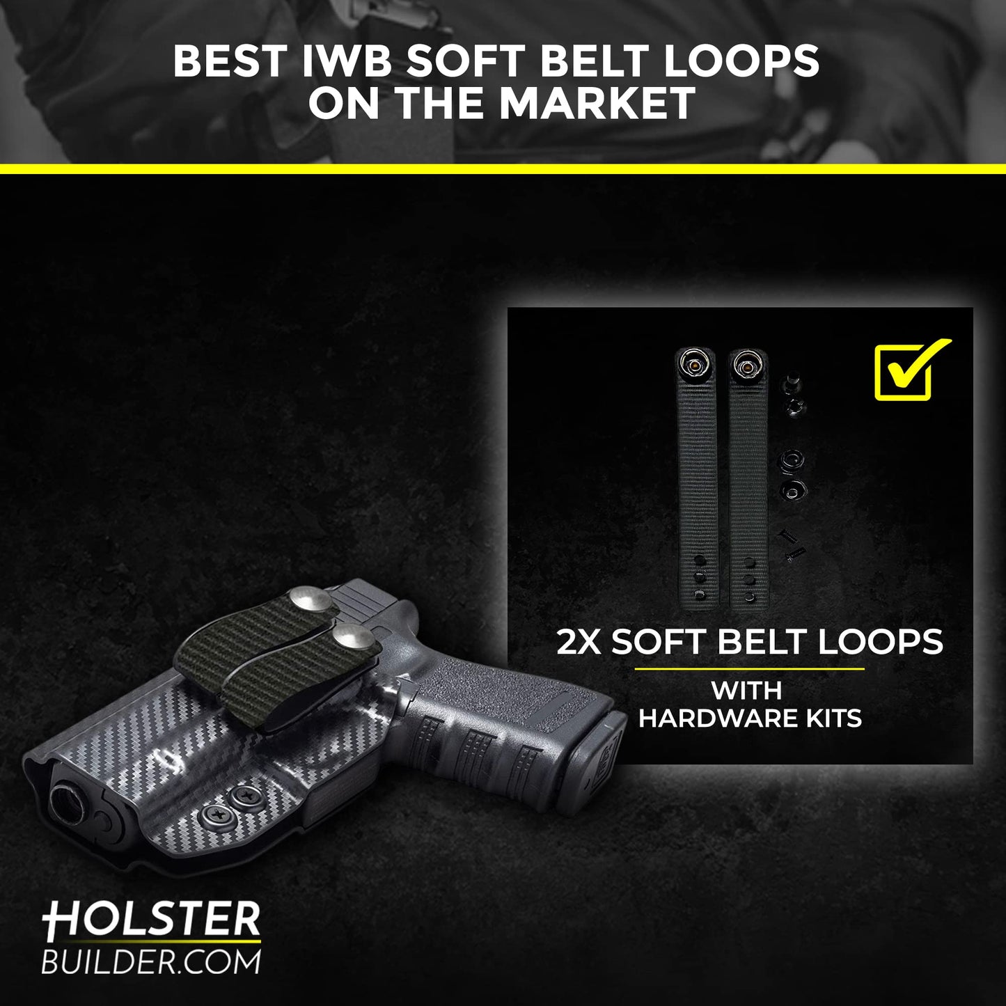 HolsterBuilder IWB Soft Holster Belt Loops - Holster Accessories with Dot Cap for Better Security, Heavy-Duty Belt Clip Works with 1.5" & 1.75" Belts - Kydex & Sheath Hardware Kit (Black)