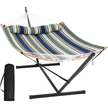 SUNCREAT Hammocks for Outside with Stand Included, Double Hammock with Curved Spreader Bar, Carrying Bag, Dark Green Stripes