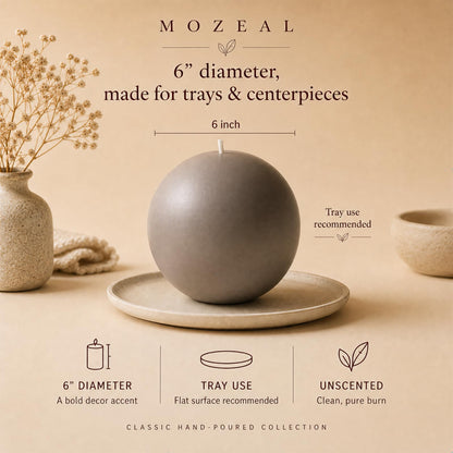 MOZEAL Hand-Poured, 6 Inch Taupe Large Round Ball Candles - Elegant Taupe Round Pillar Candles, Dripless, Unscented, Smokeless, Ideal for Modern Home Decor.