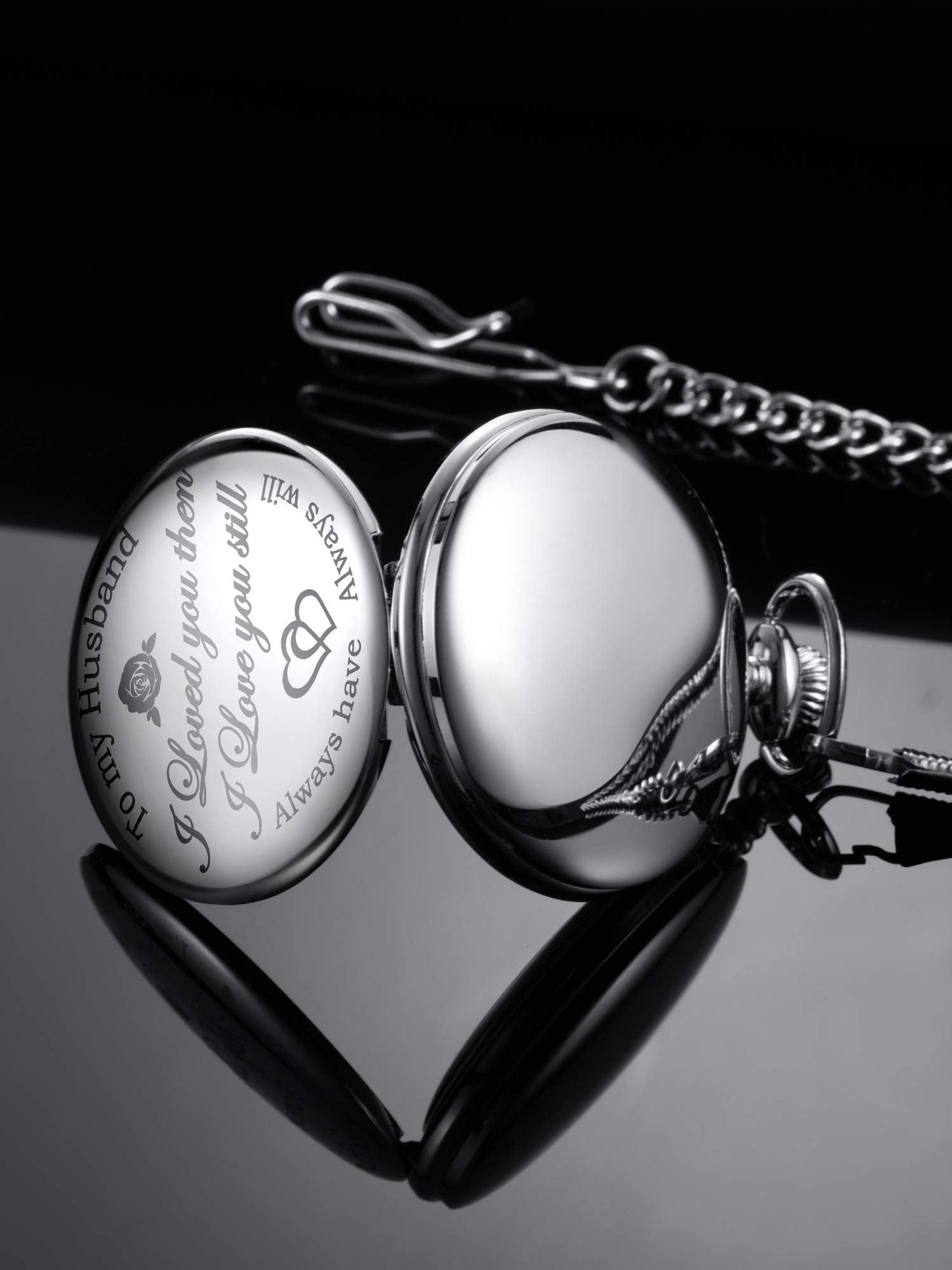 Pangda Quartz Pocket Watch to Husband Gift, Engraved Pocket Watch (Silver Case and Black Dial)