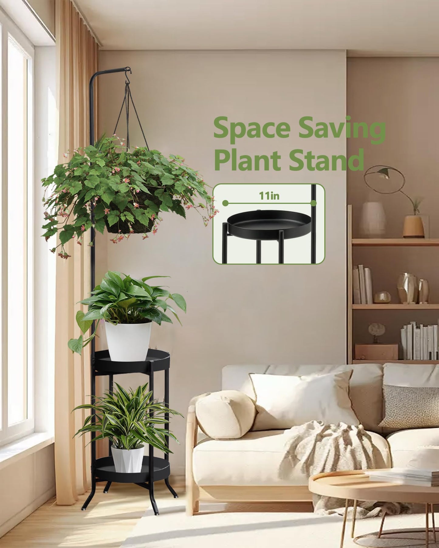 RINBOU Hanging Plant Stand Indoor Outdoor, Space-Saving Corner Metal Plant Shelf 3 Potted Flower Pot Stand, 2 Tier 61" Tall Modern Planter Holder for Patio Garden Balcony Living Room Bedroom, Black