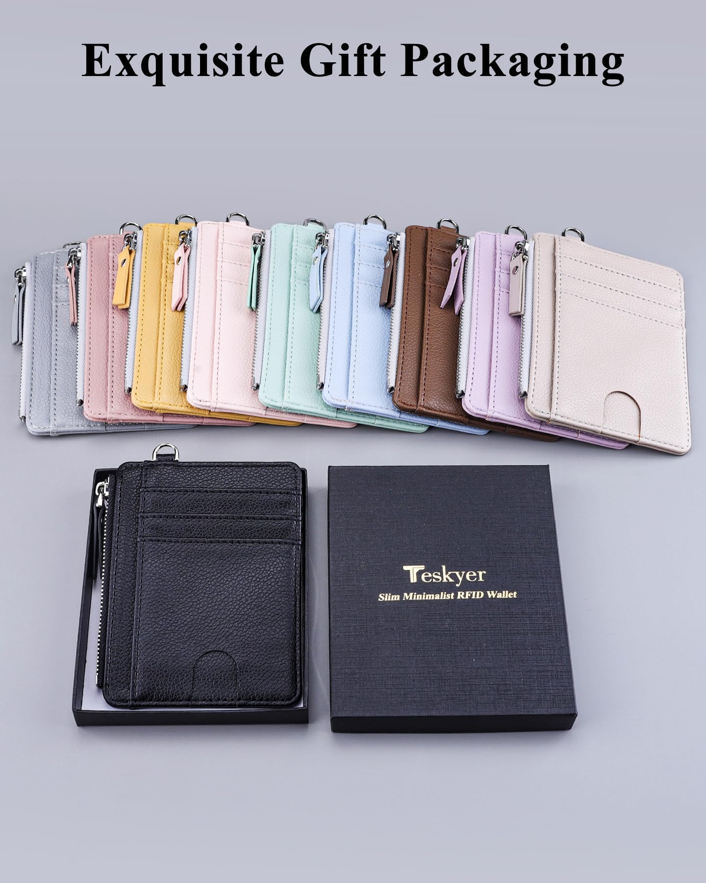 Teskyer Slim Card Holder Wallet with Zip Pocket, RFID Blocking, Total 9 Compartments Large Capacity, 3.5" x 4.7" (Slight Larger Than Usual), Faux Leather - Black