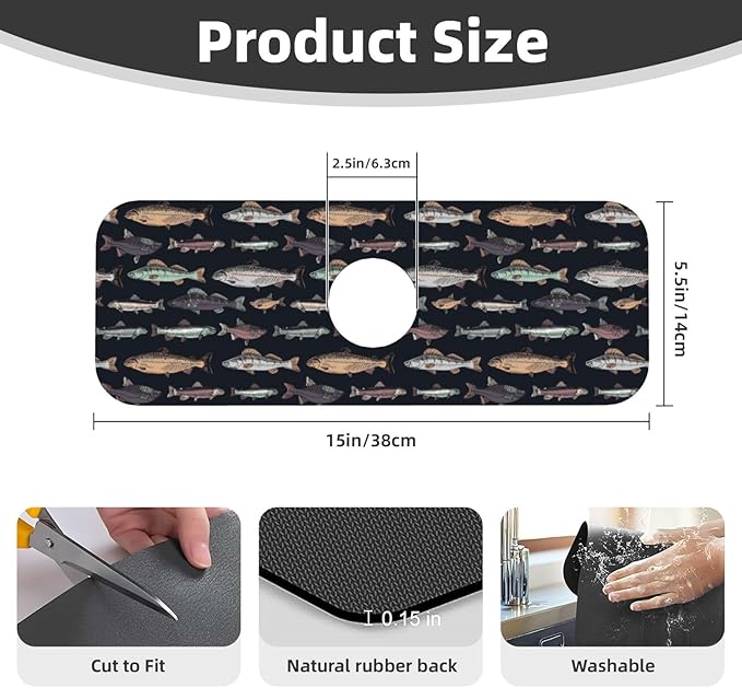 Vintage Fish Fishes Ocean Fishing Kitchen Sink Splash Guard Faucet Mat Super