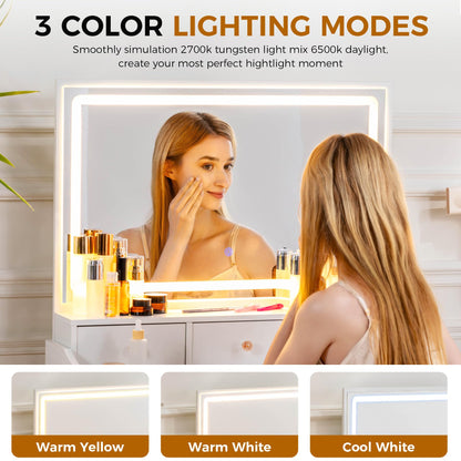 COMHOMA Makeup Vanity Desk with Mirror and Lights, Vanity Table and Chair Set with 5 Drawers and Charging Station, Bedroom Dresser LED Mirror Stepless Dimmable & 3 Color Modes Adjustable, White