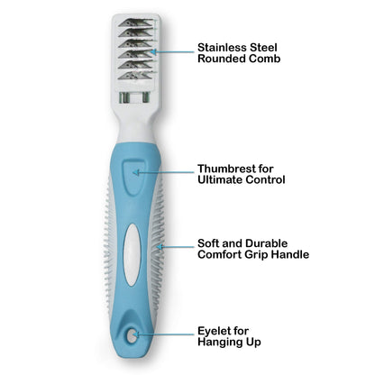 Pets First Professional Pet Mat Remover - Dematting Tool for Grooming Cats & Dogs - Removes Matted Fur, Tangles, Knots, Loose Hair & Dirt - Stainless Steel, Gentle Teeth,Blue,7 x 1 inches
