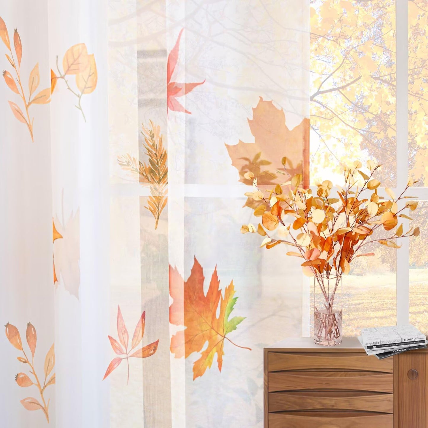 youleyar Fall Sheer Curtains for Living Room 63 Inches Long 2 Panels Orange Semi-Sheer Curtain with Maple Leaves Printed Pattern Fall Rod Pocket Voile Drapes for Bedroom, 52" W x 63" L