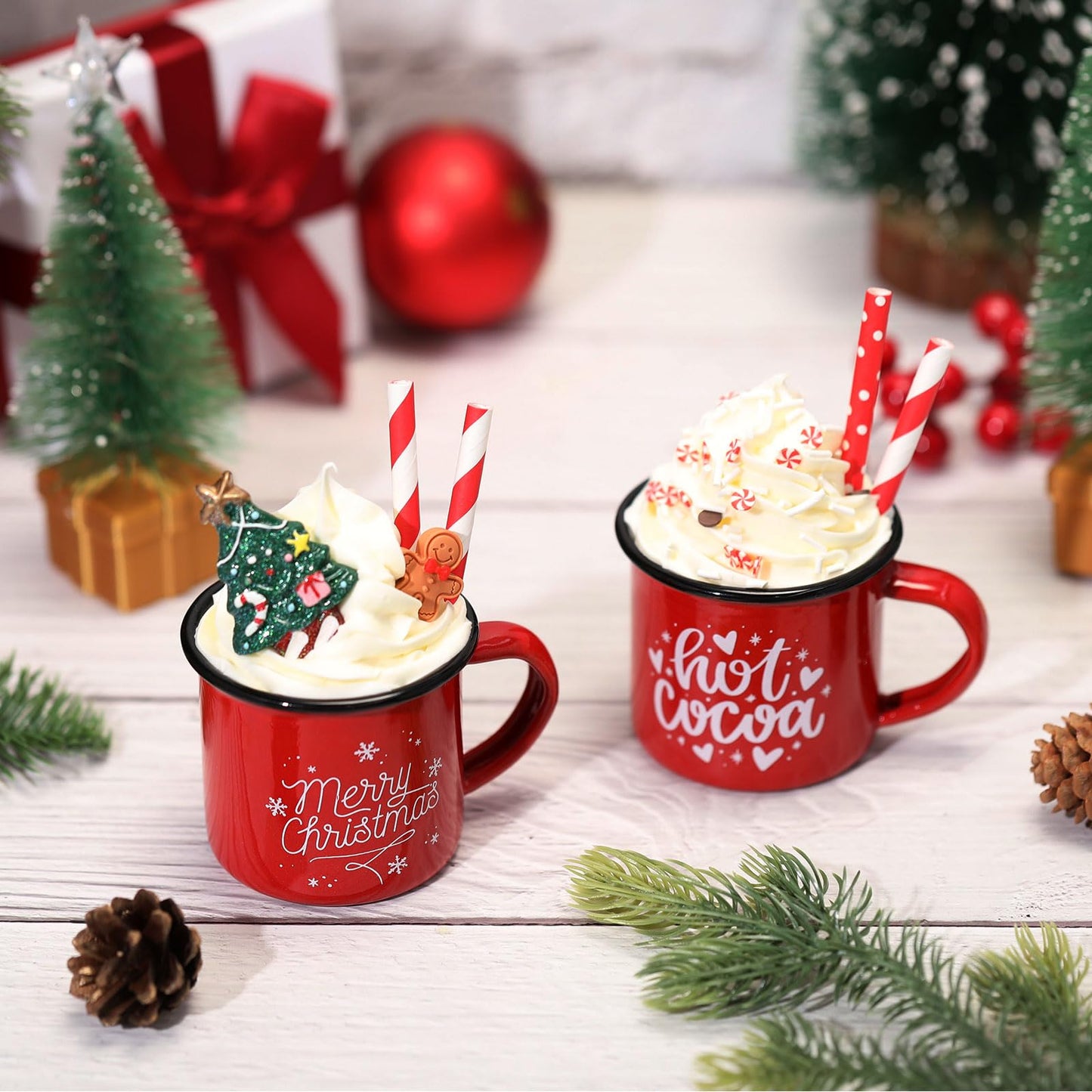 Jingmore 2 Pack Christmas Coffee Bar Decor with Faux Whipped Cream Ceramic Gingerbread Coffee Mugs Faux Hot Cocoa Toppers Christmas Tree Gingerbread Man Decoration for Xmas Bar Centerpieces