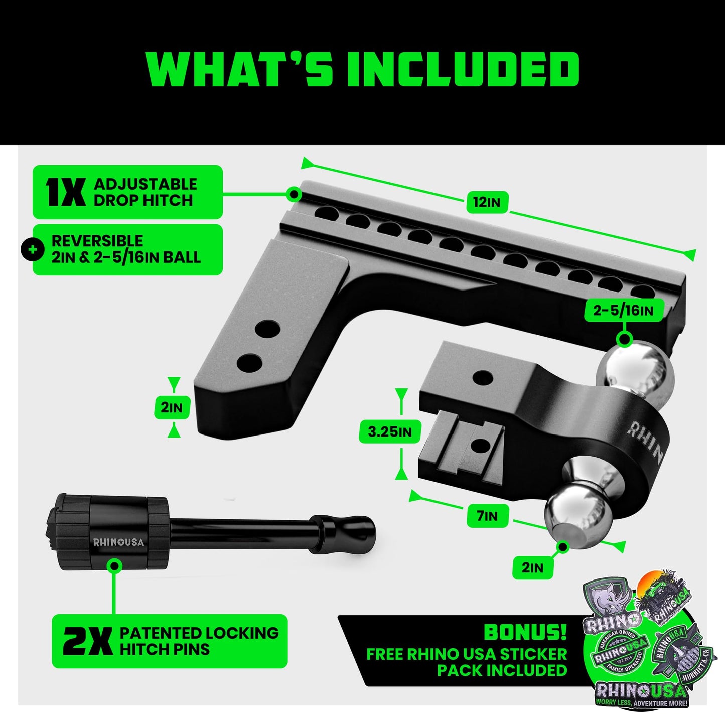 Rhino USA Adjustable Trailer Hitch (Fits 2-Inch Receiver)-Heavy Duty Aluminum Tow Hitches with 10-Inch Drop/Rise for Truck (12,500 LBS GTW) - Weatherproof Double Anti-Theft Locking Hitch Pins (Black)