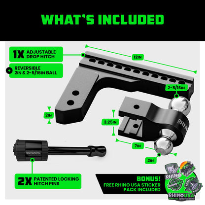 Rhino USA Adjustable Trailer Hitch (Fits 2-Inch Receiver)-Heavy Duty Aluminum Tow Hitches with 10-Inch Drop/Rise for Truck (12,500 LBS GTW) - Weatherproof Double Anti-Theft Locking Hitch Pins (Black)