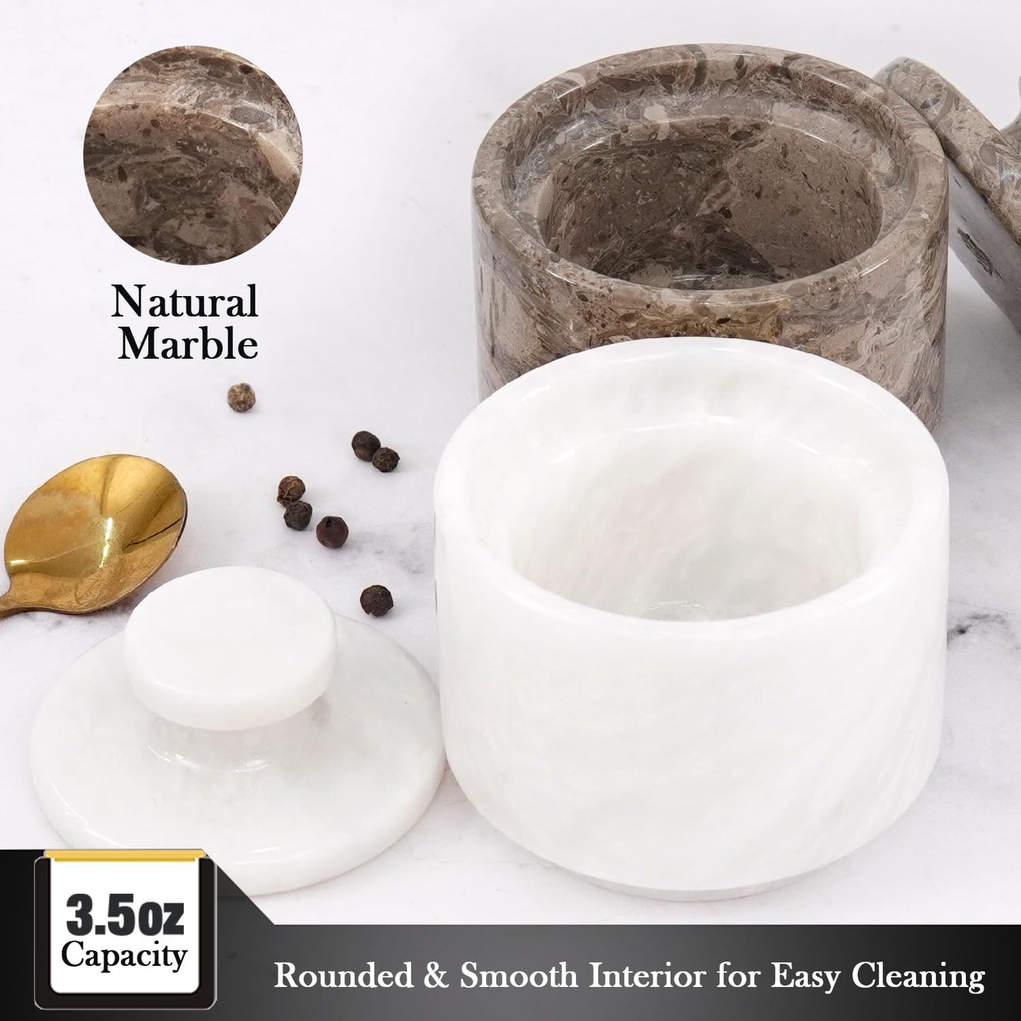 MARBLOUS KRAFTS Marble Salt Cellar with Lid 3" White and Oceanic Celtic Salt & Pepper Containers, Perfect for Home & Kitchen Countertop, Salt Dish & Sugar Bowls for Table Decor