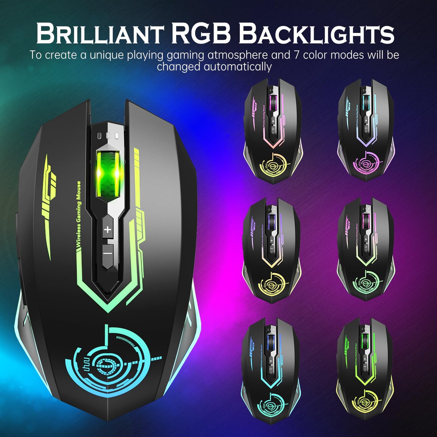 UHURU Wireless Gaming Mouse Up to 12000 DPI, Rechargeable USB-C Wireless Mouse with 7 Buttons 7 Dynamic LED Color Ergonomic Programmable MMO RPG for PC Laptop, Compatible with Windows Mac