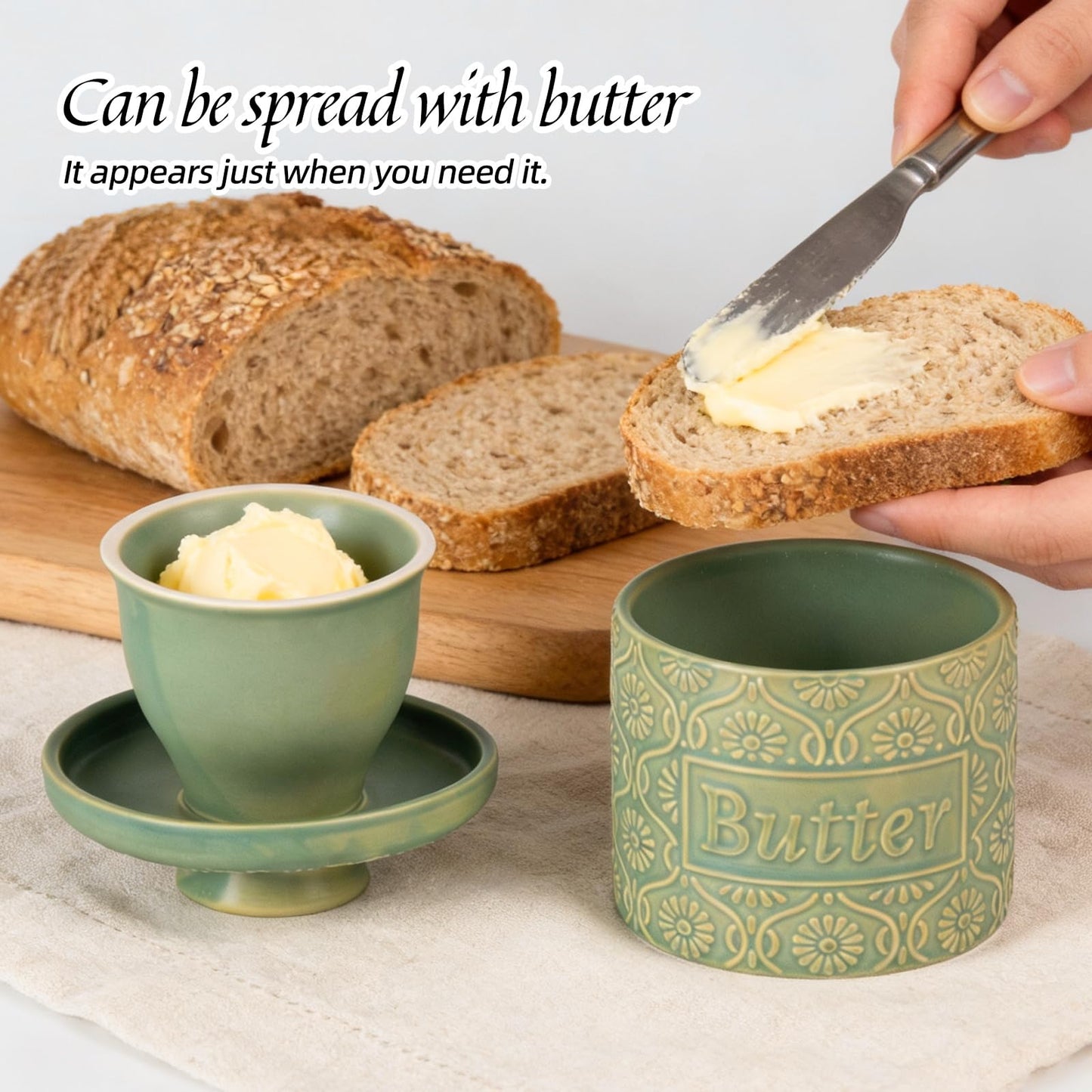 KAMMAK Butter Crock with Lid - Ceramic Butter Keeper for Countertop, Soft Spreadable Butter Dish with Water Line, Housewarming Gifts, Kitchen and Home Decor, Kiln-Changed Green - 6.7oz