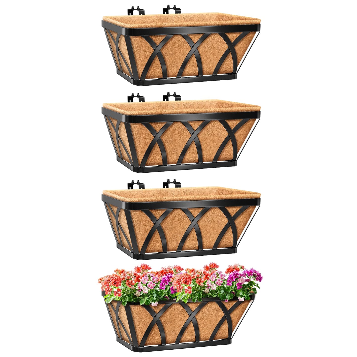 Riare 4 Pack 16 Inch Metal Railing Planter Window Box with Coco Liner- Adjustable Window Flower Boxes for Railings, Hanging Rail Planters for Deck, Balcony, Porch, Fence, Indoor Outdoor Plants