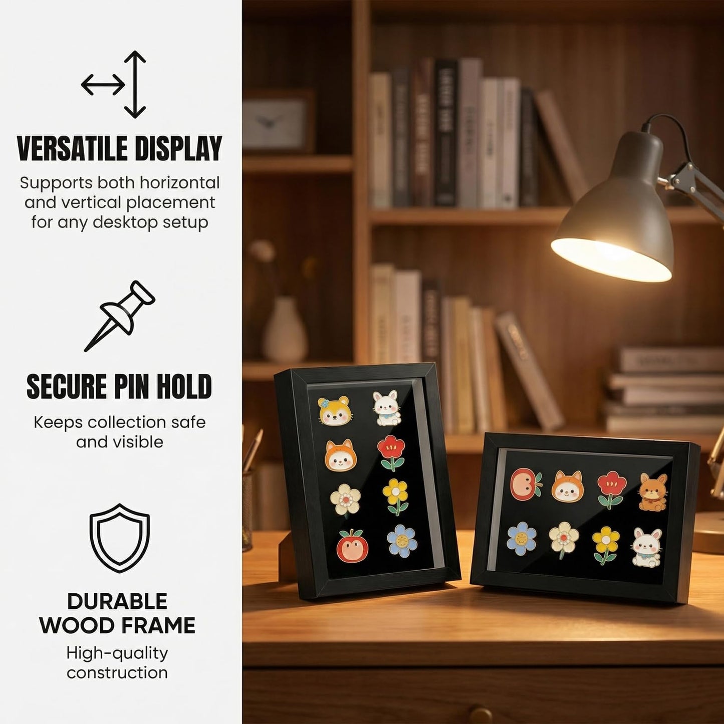 ZAYHENYOO Pin Display Case, Enamel Pin Collection Display with Deep Shadow Box Picture Frame with True Glass or DIY Craft Shadowbox for Shells/Flowers, Hanging or Tabletop Display (Black, 1P 6*8)