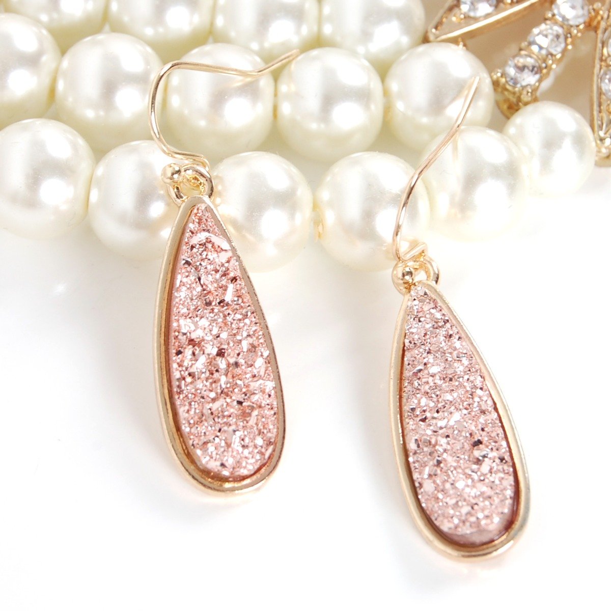 Simulated Druzy Drop Dangles - Gold Tone Sparkly Long Teardrop Dangly Earrings for Women, Pink Rose Gold Tone