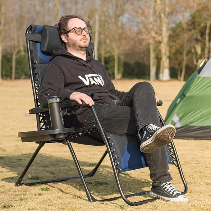 Zero Gravity Chair Oversized Folding Recliner XL, Padded Anti Gravity Lounge Chair with Adjustable Pillow & Cup Holder for Outdoor Camping, Patio, Poolside, Lawn (Black & Blue)