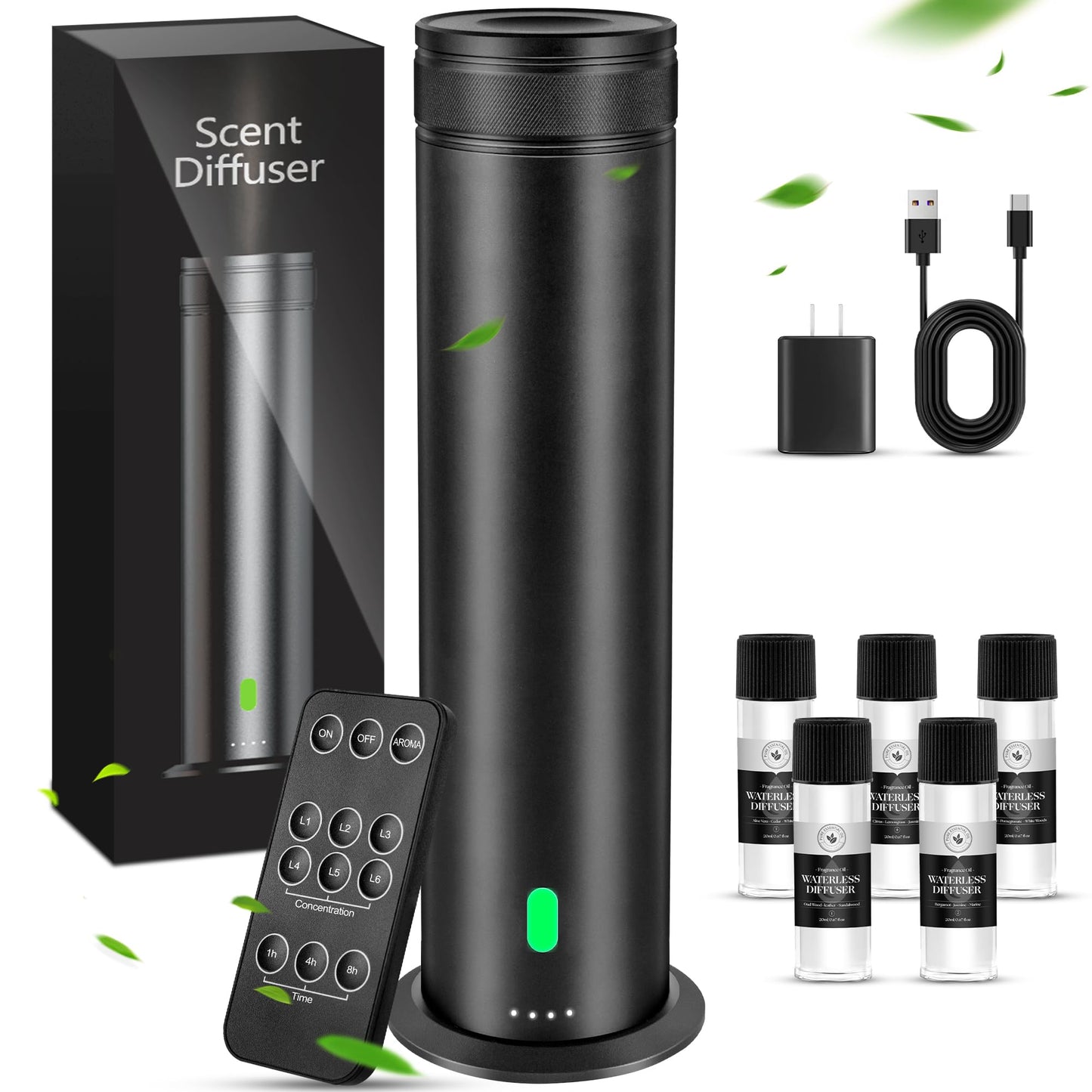 Waterless Scent Diffuser Starter Kit - Suitable for Home and Hotel Series Air Diffuser, 800 Square Inches of Coverage, 5 Kinds of Scented Essential Oils, Remote Control