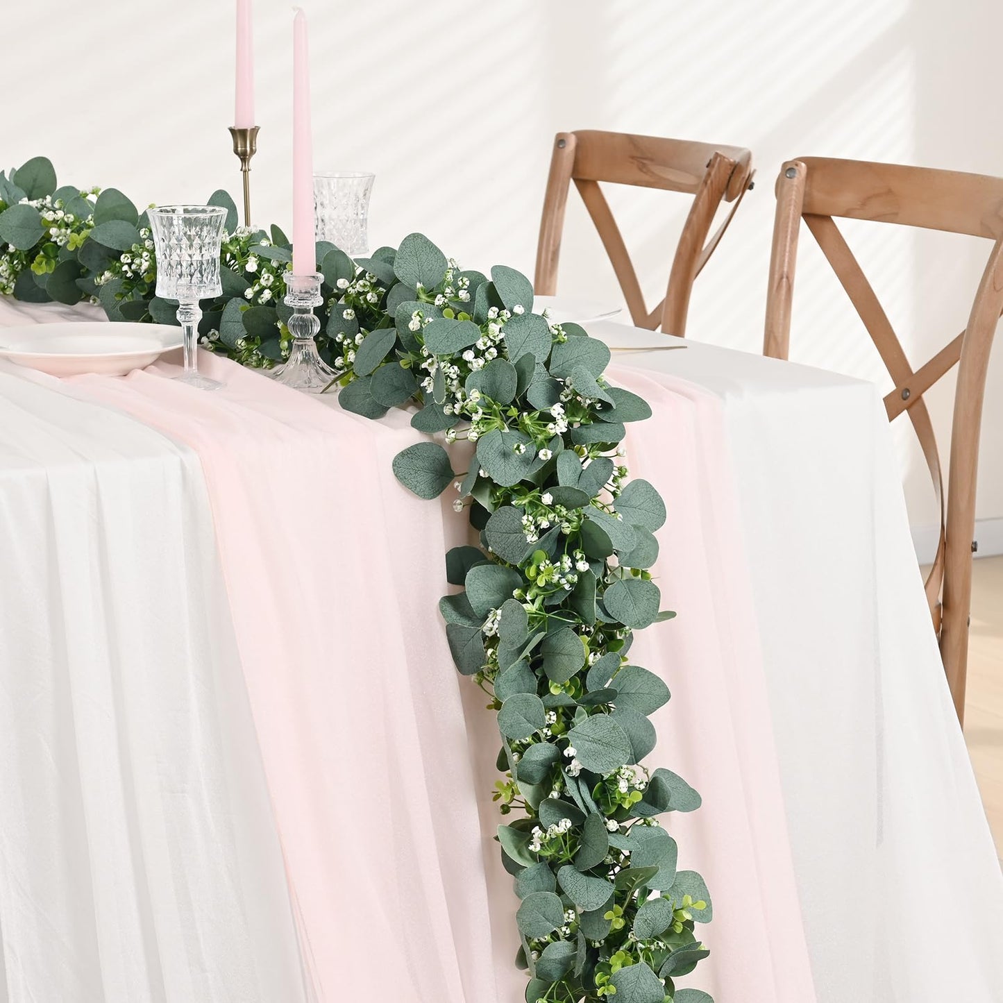 Waipfaru 2Pcs Eucalyptus Garland, 5.9FT Greenery Garland, Green Garland with Flowers, Artificial Faux Silver Dollar Eucalyptus Leaves Vines for Table Home Wedding Mantle Party Indoor Outdoor Decor