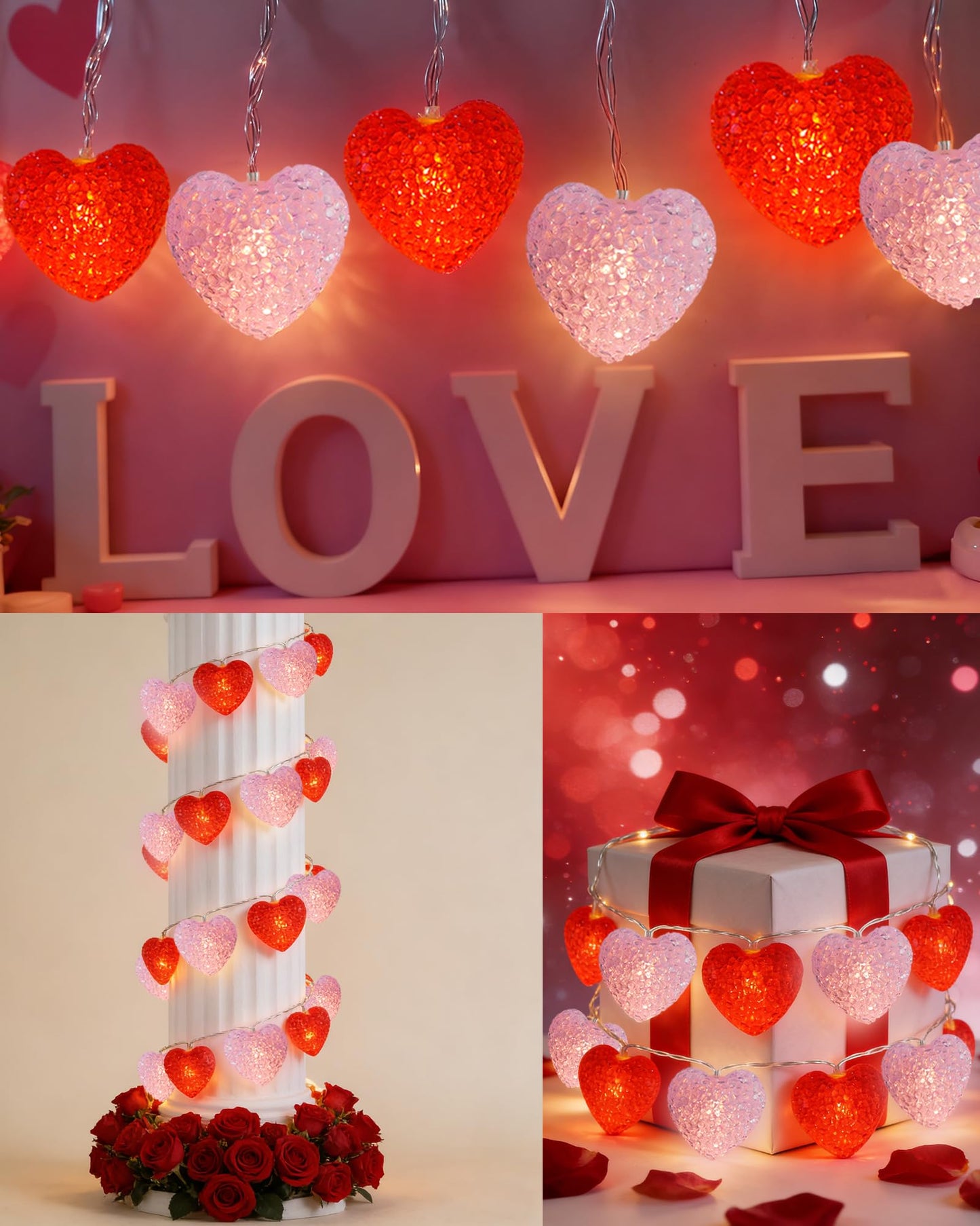 Valentines Day String Lights 7Ft 10 LED Red Pink Heart Lights Battery Operated with 8 Modes & Timer, Shatterproof Valentine Heart String Light for Indoor Outdoor Home Porch Christmas Valentines Decor