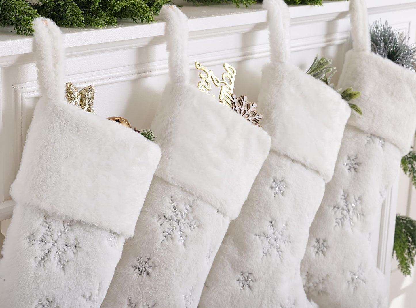 CARAKNOTS White Christmas Stockings 3 Pack 21 inches Large Neutral Luxury Christmas Stockings for Family Kids Faux Fur Xmas Silver Farmhouse Fireplace Hanging Decorations