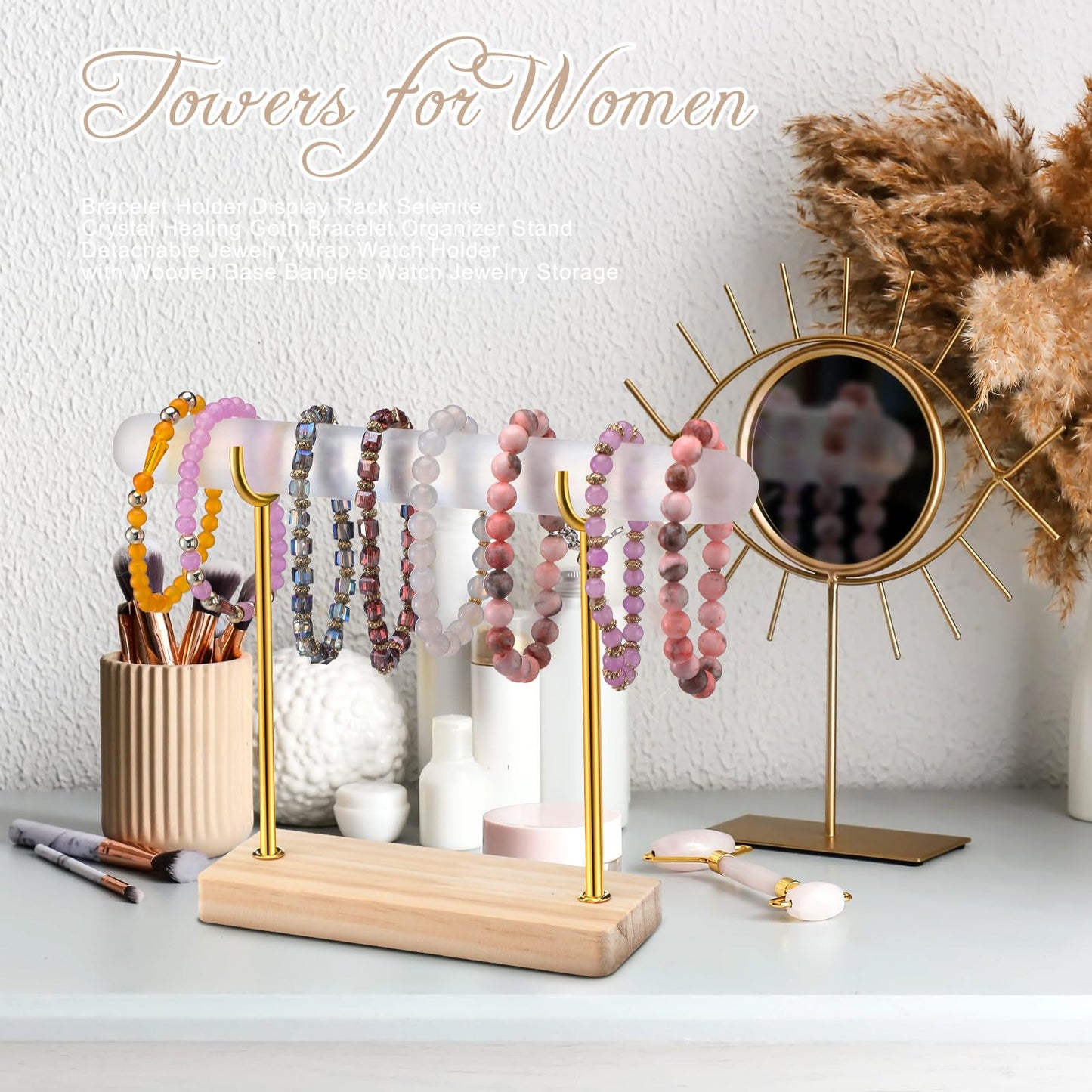 RattanView Selenite Bracelet Holder Display Stand Crystal Healing Goth Bracelet Display Stand Detachable Jewelry Wrap Watch Organizer Holder with Wooden Base for Bangles Charging Clean(1 Tier)