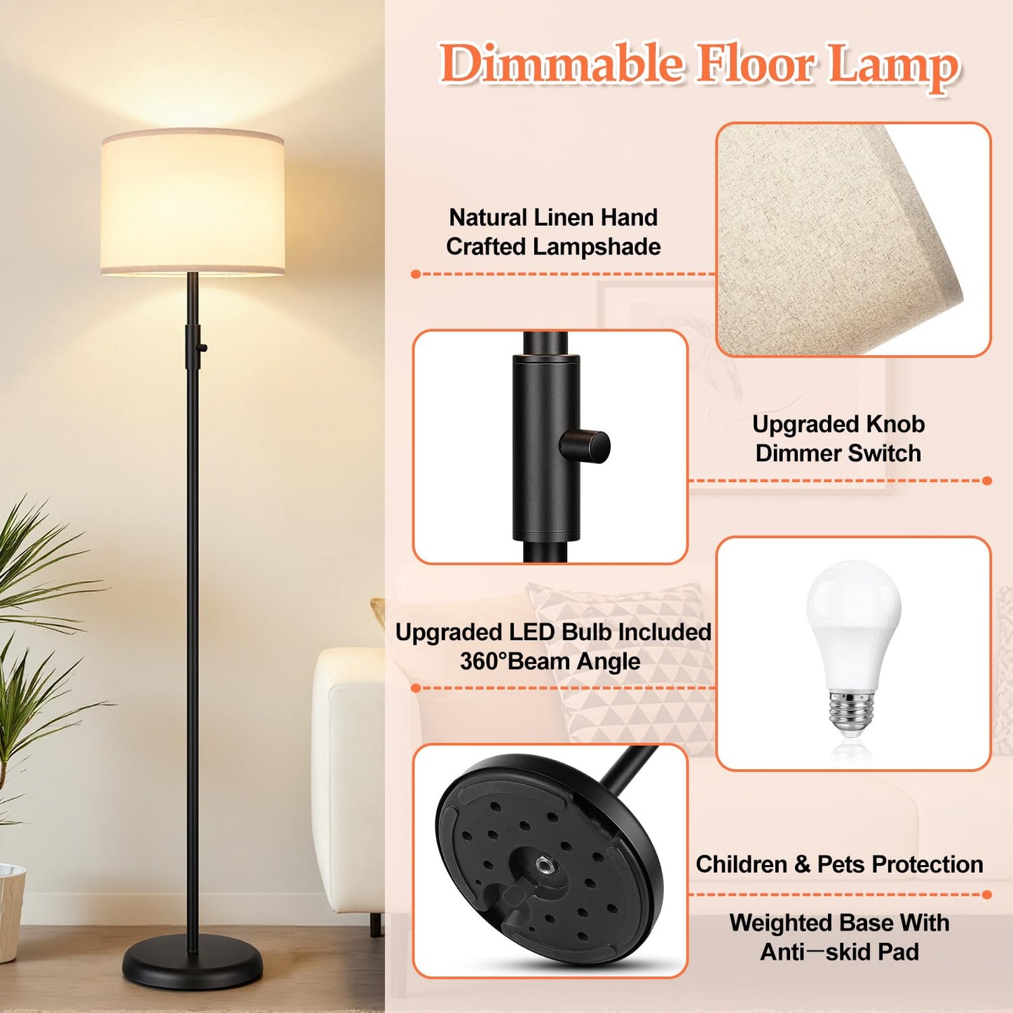 【Upgraded】 Dimmable Floor Lamp for Living Room,1000 Lumens Bulb Included, Modern Floor Lamps Simple Design with Linen Shade, Tall Standing Lamp for Bedroom Office Dining Room, Black Pole Lamp