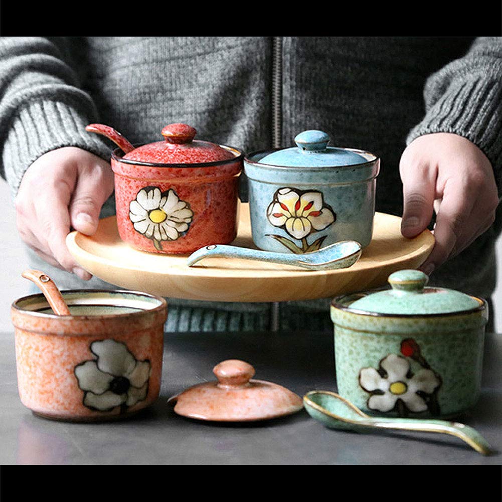 VanEnjoy Retro Hand Painted Flower Ceramic Round Sugar Bowls Spice Containers Porcelain Jar with Spoon Round Condiment