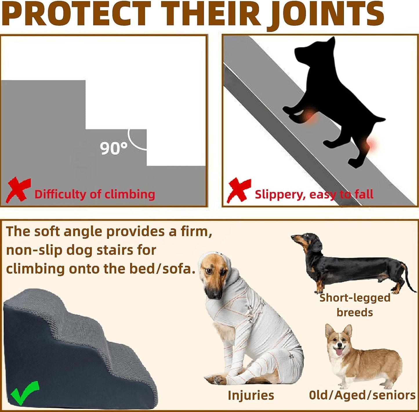 Wide Dog Steps Stairs for Bed 5 Steps 62 cm High for Dogs, Dog Ramp High Density Foam Pet Stairs Washable Cover and Non-Slip Base 40 x 87 x 62 cm