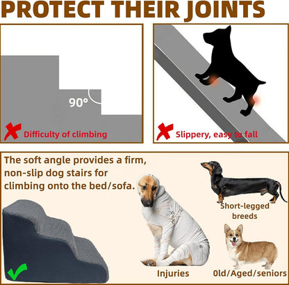 Wide Dog Steps Stairs for Bed 5 Steps 62 cm High for Dogs, Dog Ramp High Density Foam Pet Stairs Washable Cover and Non-Slip Base 40 x 87 x 62 cm