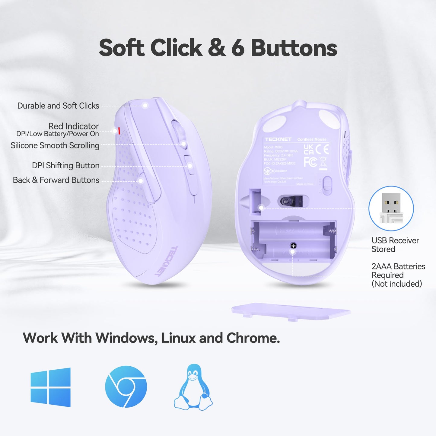TECKNET Wireless Mouse, 2.4G Ergonomic Optical Mouse, Computer Mouse for Laptop, PC, Computer, Chromebook, Notebook, 6 Buttons, 24 Months Battery Life, 2600 DPI, 5 Adjustment Levels
