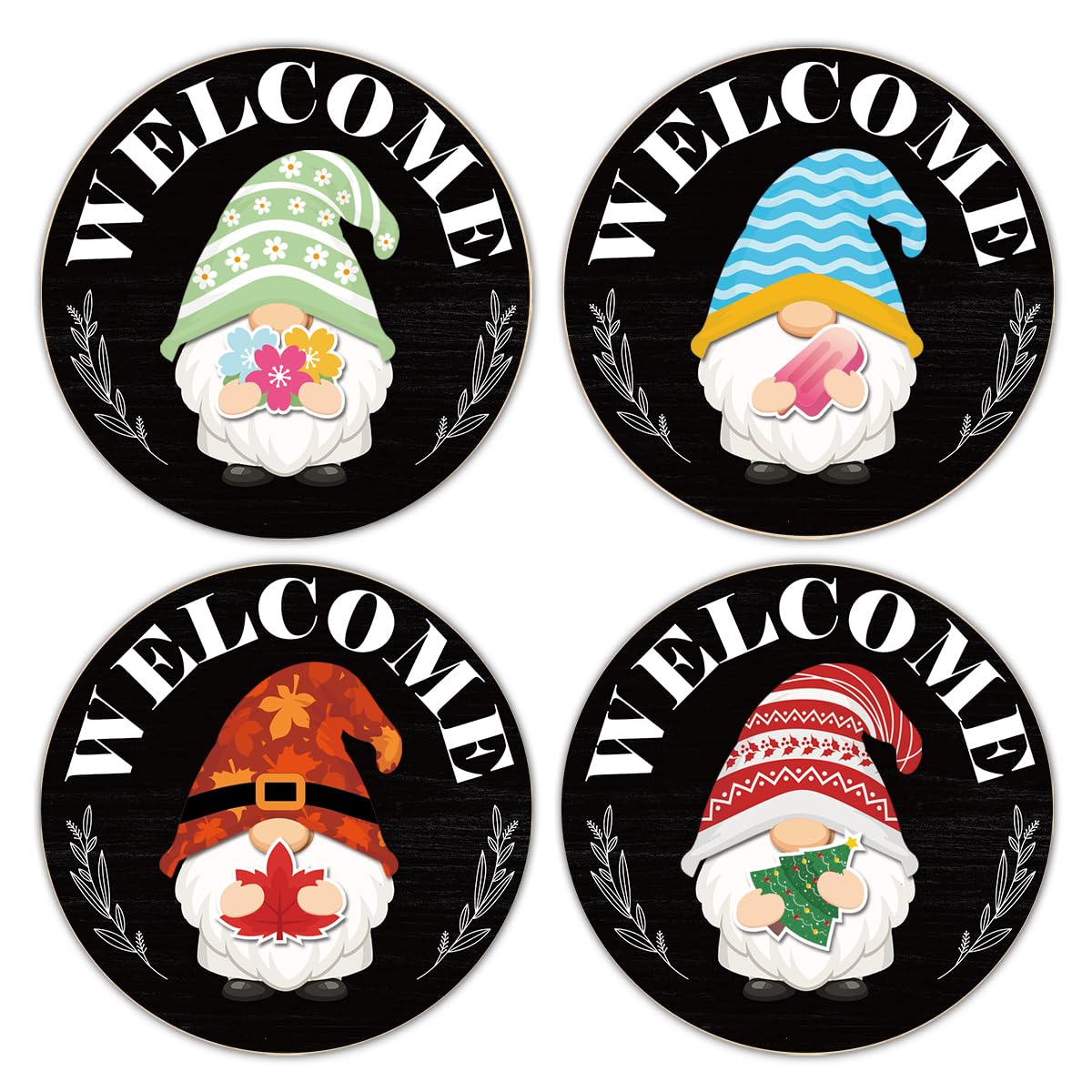 Interchangeable Gnome Welcome Sign Summer Patriotic 4th of July Porch Decor, Changeable Wood Gnomes Front Door Decoration Wreath Hanger for Spring Fall Winter All Seasons Holiday, Black and White