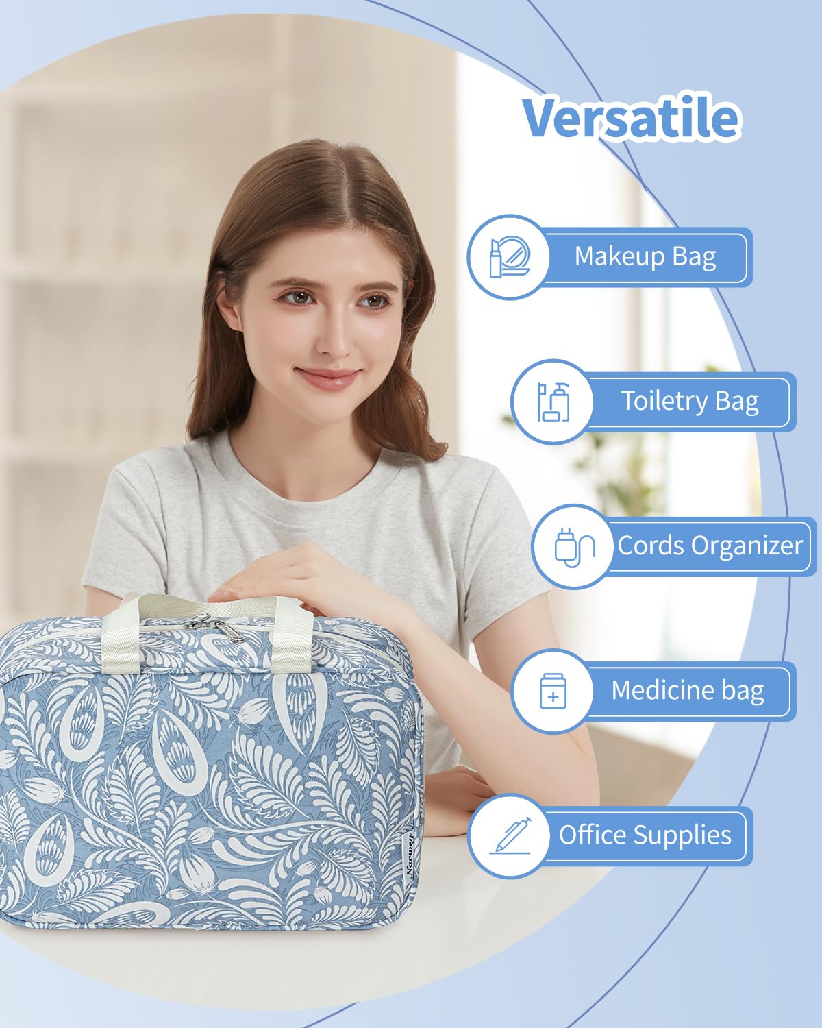 Full Size Toiletry Bag Large Cosmetic Bag Travel Makeup Bag Organizer for Women (Blue Leaf)