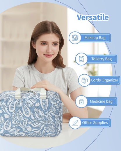 Full Size Toiletry Bag Large Cosmetic Bag Travel Makeup Bag Organizer for Women (Blue Leaf)