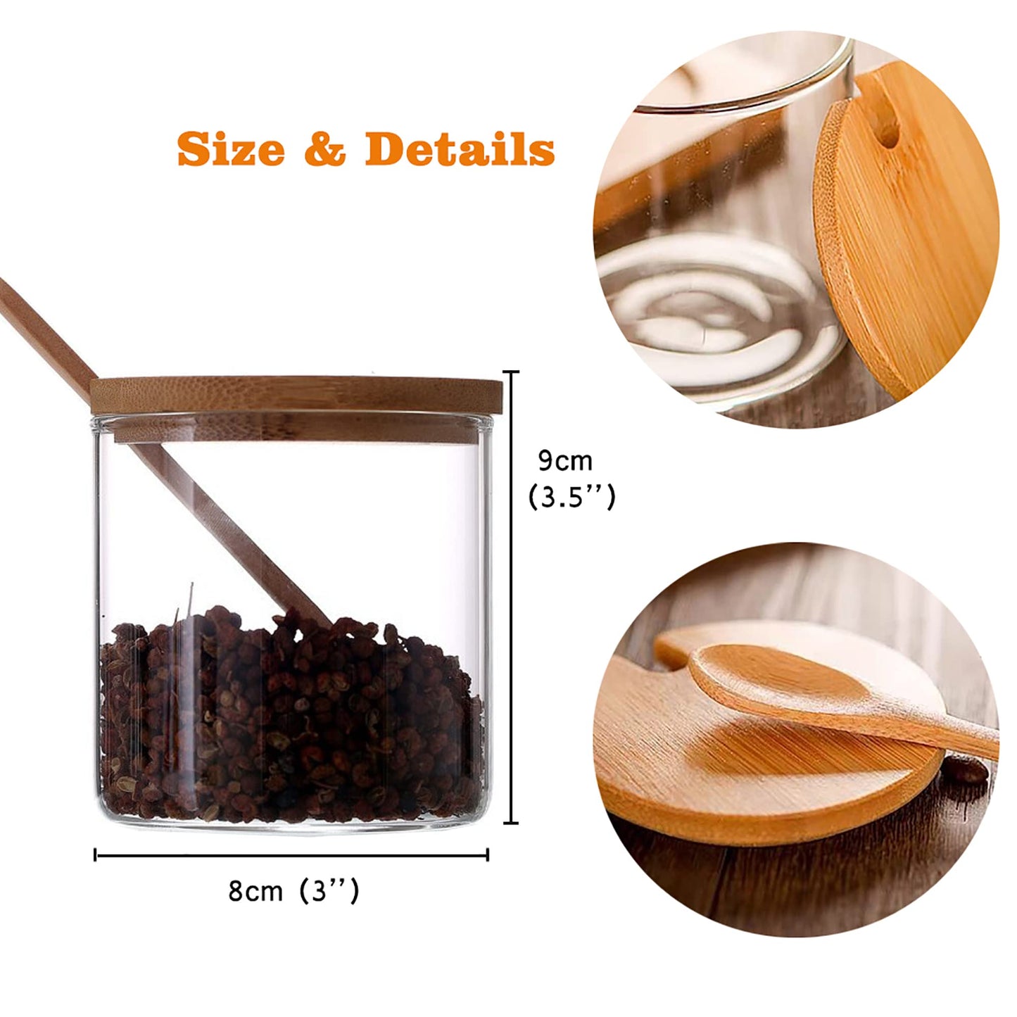FANTESTICRYAN 2 PCS Clear Glass Condiment Canister Pots Set, Simple Stylish Decorative Storage Seasoning Container with Bamboo Lid & Spoon for Home Kitchen Café Storing Salt Sugar Spice (Round)