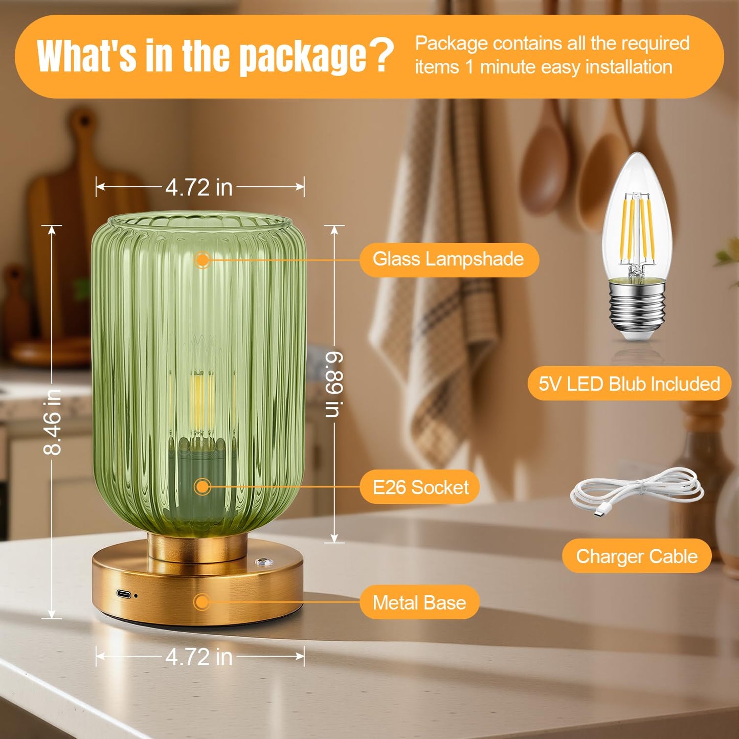 LightRound Cordless Table Lamp for Bedroom, 7500mAh Rechargeable Battery Operated Lamp, Modern Touch Dimmable Wireless Lamp Gold Base Green Glass Shade for Living Room, Desk, Led Bulb Included