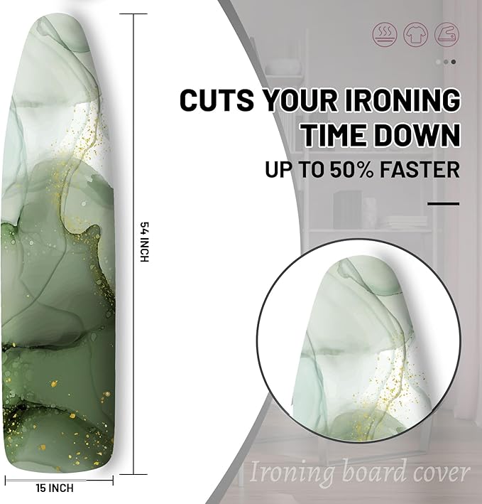 Extra Thick Ironing Board Cover and Pad, Sage Green Marble 15x54 Ironing Board