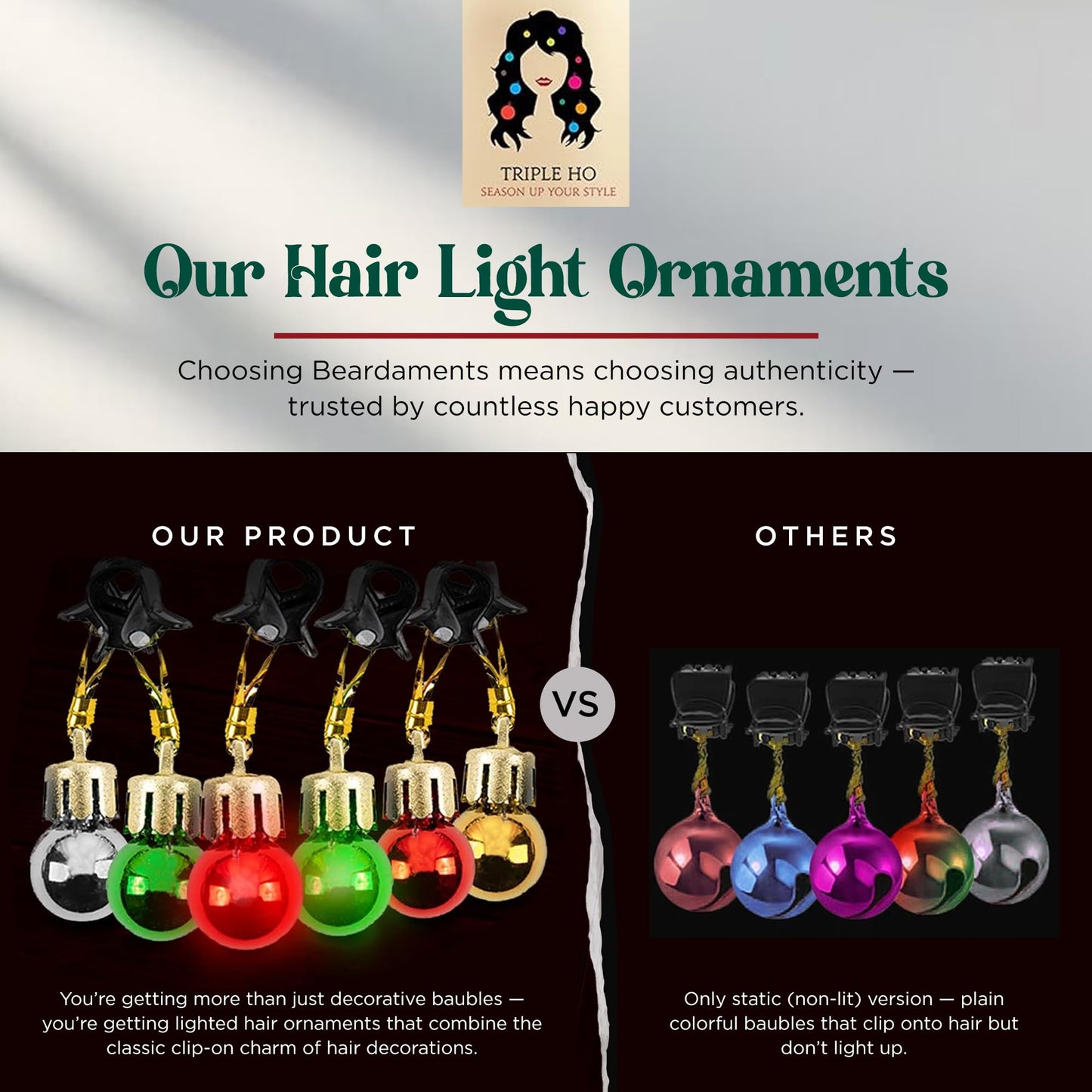 Beardaments Light Up Hair Lights - The Original Ornaments from, 16pc Colorful Christmas Hair Baubles for Holiday Cosplay Women Party Costume
