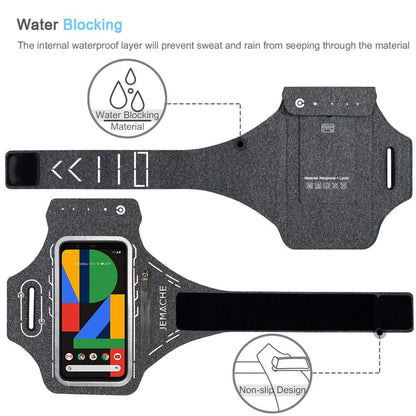Pixel 10 9 Pro XL Armband, JEMACHE Gym Running Workouts Phone Arm Band for Google Pixel 10/9 Pro XL, 8/7/6 Pro with Earbuds Holder (Grey)