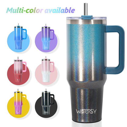 40 oz Shiny Tumbler with Handle and Straw,Stainless Steel Tumbler with Lid and Straw,Insulated Travel Mug(Cold for 34 Hours),Water Bottle for Iced Tea,Coffee (Black Blue)