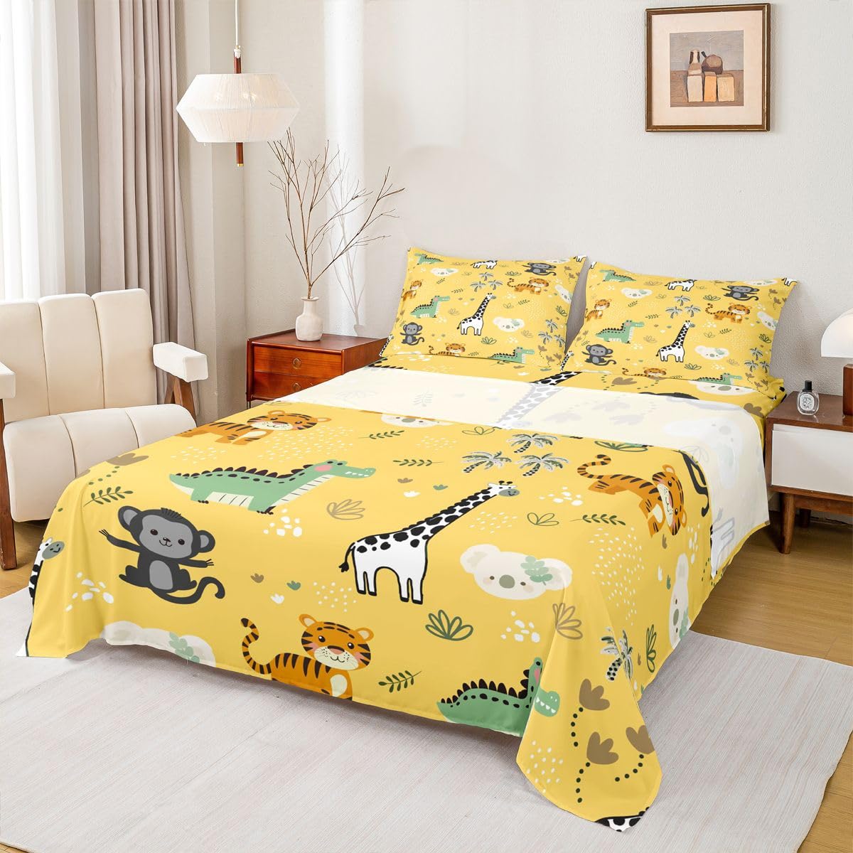 Erosebridal Jungle Animals Bed Sheets Full Cartoon Kawaii Sheet Set for Kids Boys Girls Safari Animals Sheets Monkey Giraffe Crocodile Tiger Flat Fitted Sheet 3 Pcs