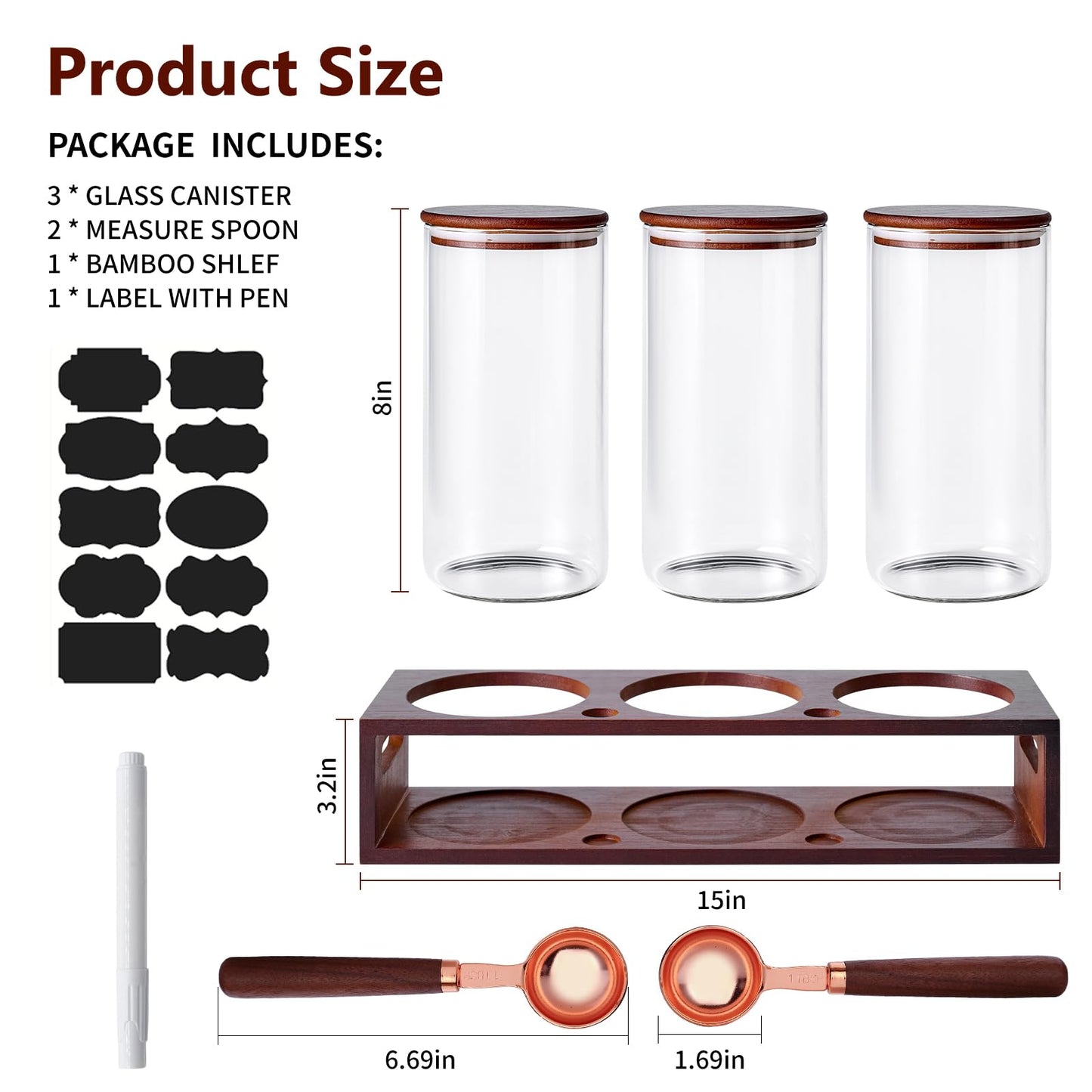 ZOMUIA Glass Coffee Containers Airtight Coffee Bean Storage Canisters with Shelf, 3Pcs 44oz Coffee Station Organizer, Kitchen Food Storage Jars for Sugar, Candy, Oats, Nuts (Retro)