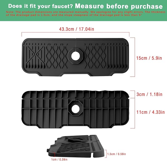 17 Inch Faucet Mat For Kitchen Sink Splash Guard Behind Faucet, ，5°Slope Fast