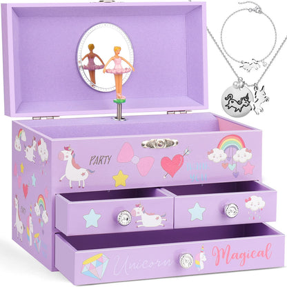efubaby Musical Jewelry Box for Girls 3 Layer Music Box with Drawers Spinning Ballerina Unicorn Design Included Unicorn Jewelry Set Kids Birthday Christmas Gifts for Girls, Purple
