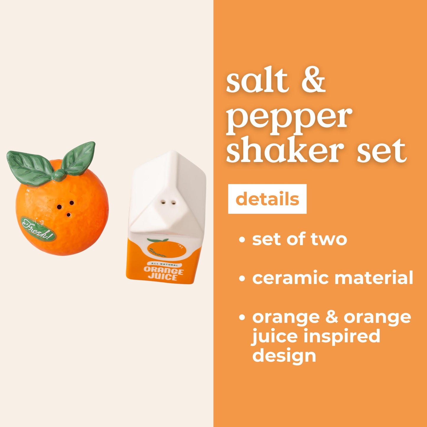 ban.do Cute Salt and Pepper Shakers Set in Novelty Fruit Shape, Matching Vintage Inspired Shakers, Orange